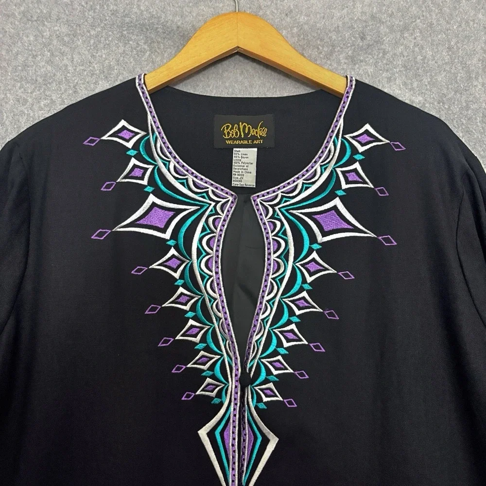 Bob Mackie Wearable Art Jacket Women's Sz 2X Black Embroidered Linen‎ Eclectic